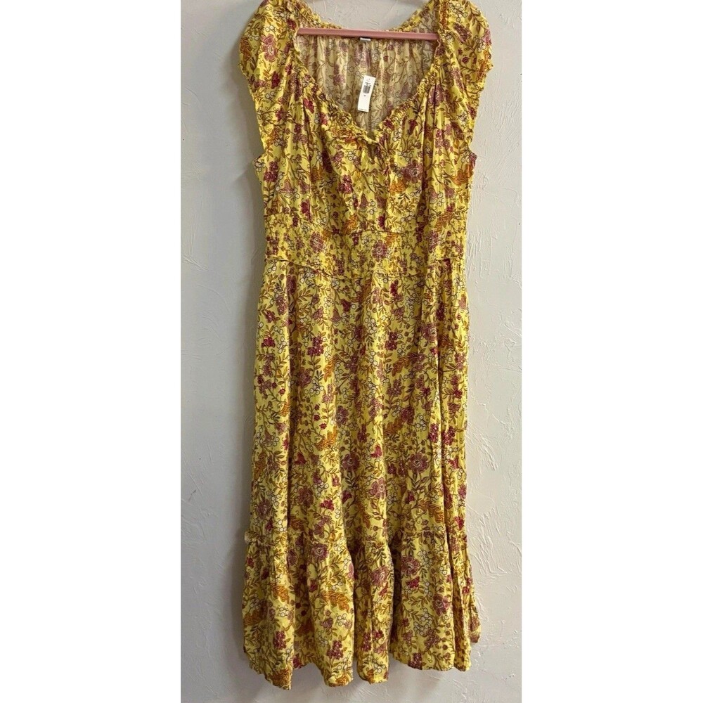 Old Navy Yellow Purple Floral Smocked Puff Sleeve Scoop Neck Midi Dress 2X
